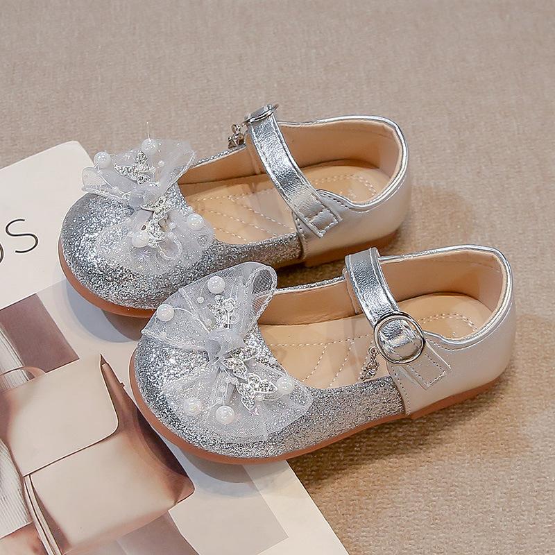 

Girls Flat Shoes Mesh Lace Bow Kids Princess Shoes Shiny Sequin 2025 New Children Leather Shoes Round Toes Sweet Hook&loop Ins 23 серебряный