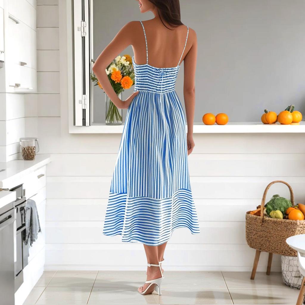 Women's Summer Fashion Casual V-neck Striped Suspender Dress
