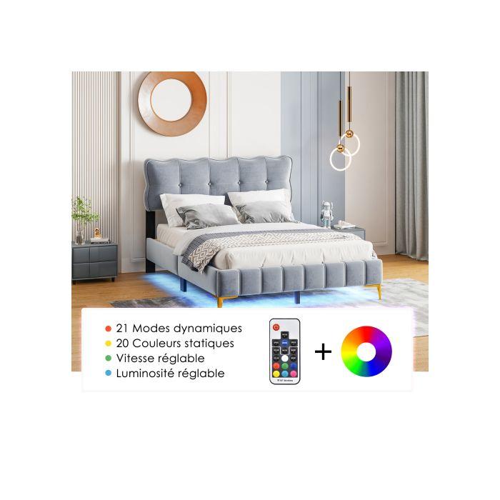 Lit Double - MUVOE - 140 X 200 Cm - Éclairage LED - Tissu Velours - Montage Facile