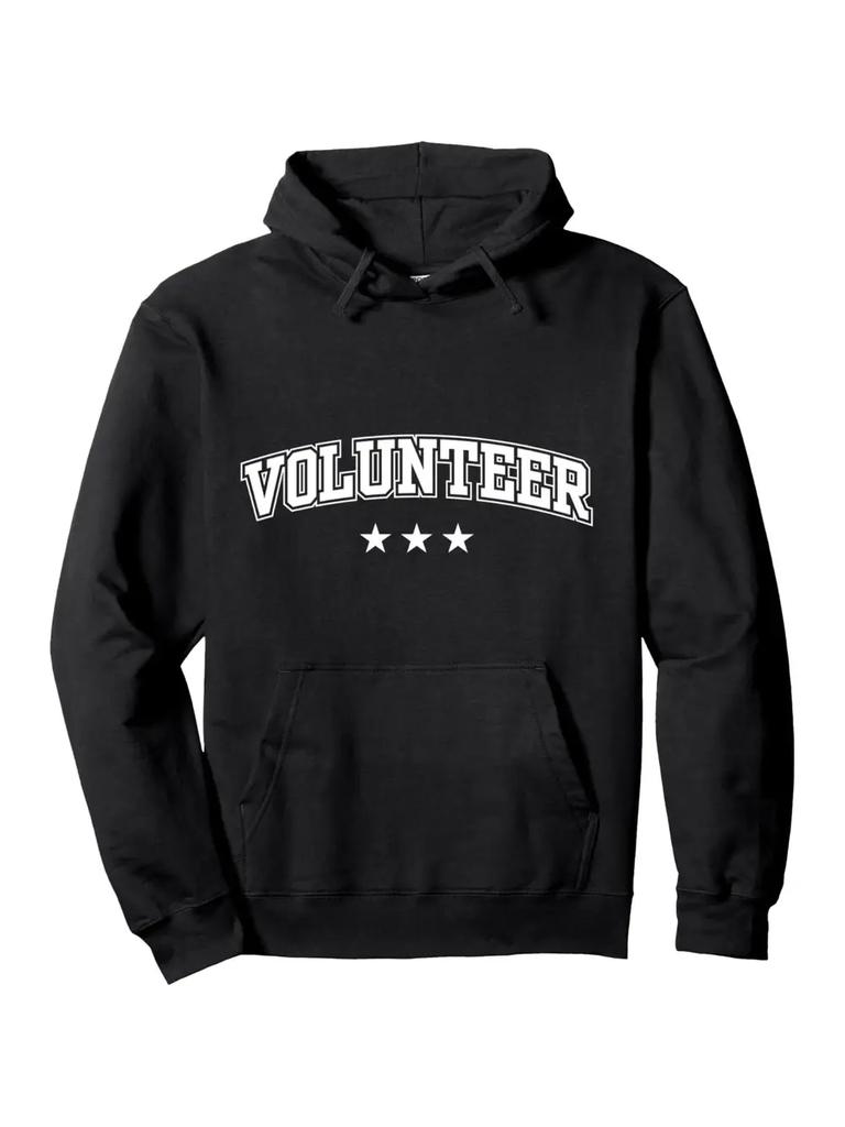 Casual Hoodie with "Volunteer" Graphic - Black Pullover with White Star Design