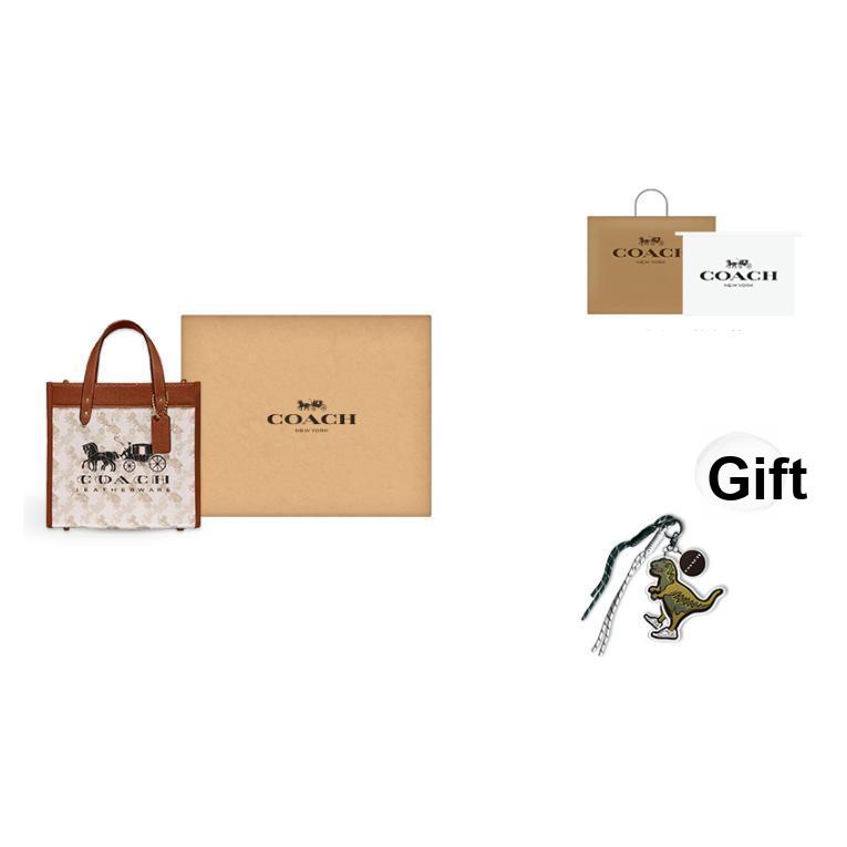 Coach Campo 22 Classico Cavallo e Carrozza Stampa Firma Fascino Tela Rivestita e Pelle Borsa Tote Donna Borsa Tote Marrone Bianco C8456-B4TXF