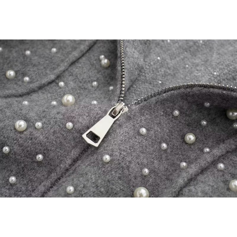 Kaslead New Women clothes Western Style Artificial Decorated Pearls Knitted Bomber jacket Outerwear