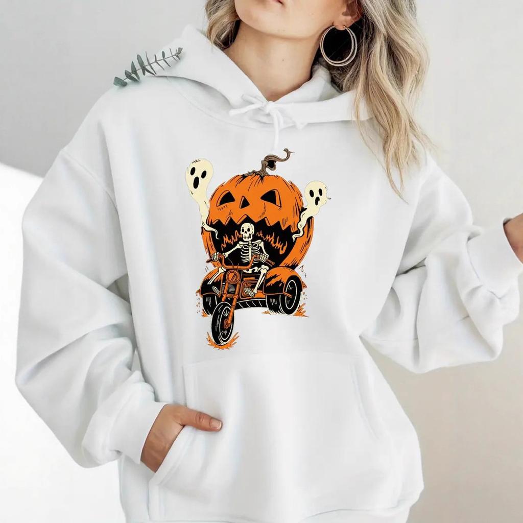 Ladies Spring Autumn Casual Hooded Long Sleeve Big Pocket Halloween Skull Pumpkin Printed Pullover Hoodies Sweatshirt Top