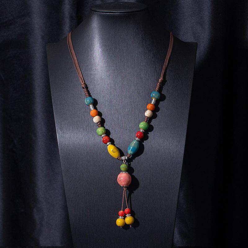 Jingdezhen Ceramic Non-Fading Necklace Ethnic Style Sweater Chain Antique Woven Rope Long Neck Chain