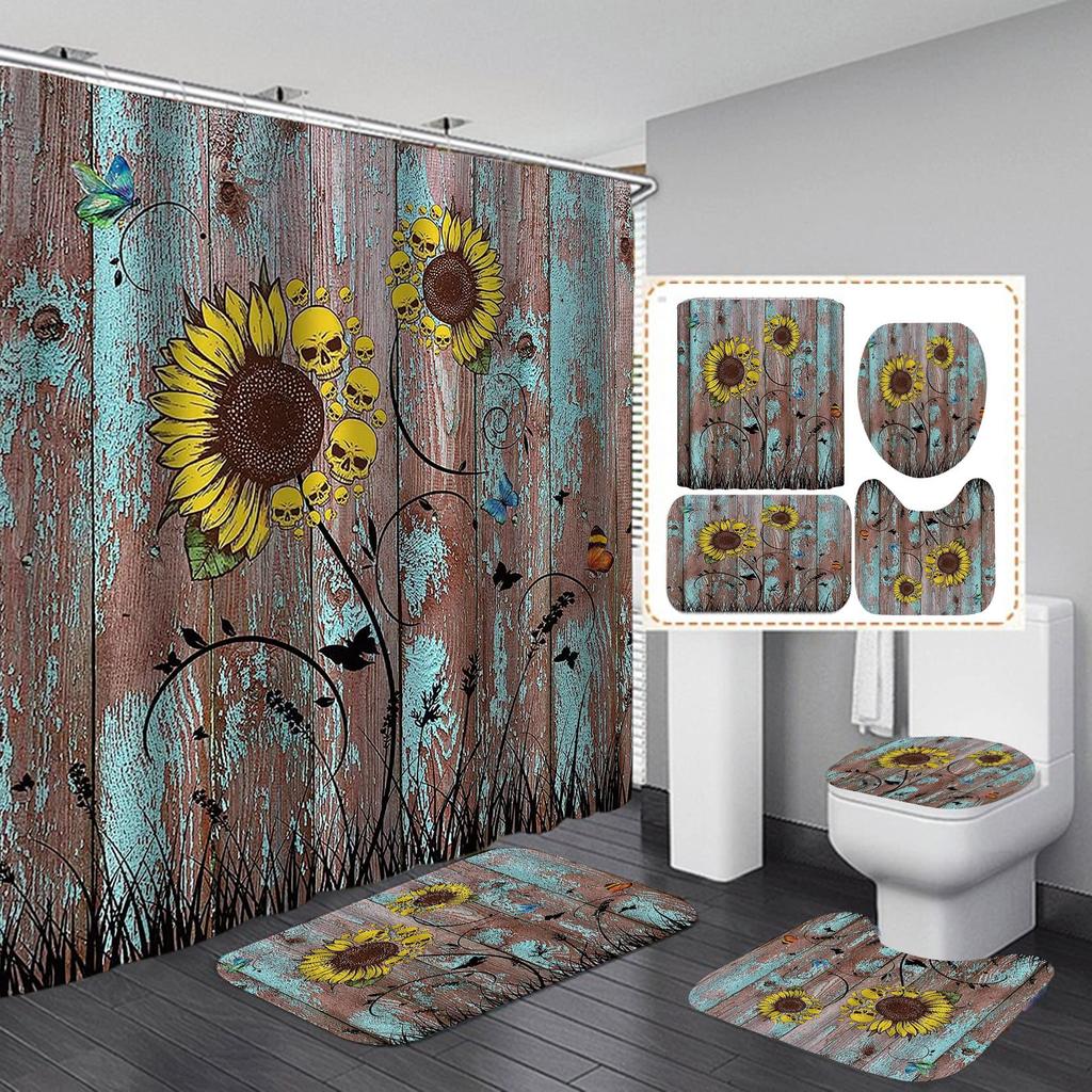 Butterfly Daisy Sunflower Shower Curtain Sets Retro Floral Vintage Country Farmhouse Flower Rustic Wooden Bathroom Decor Sets