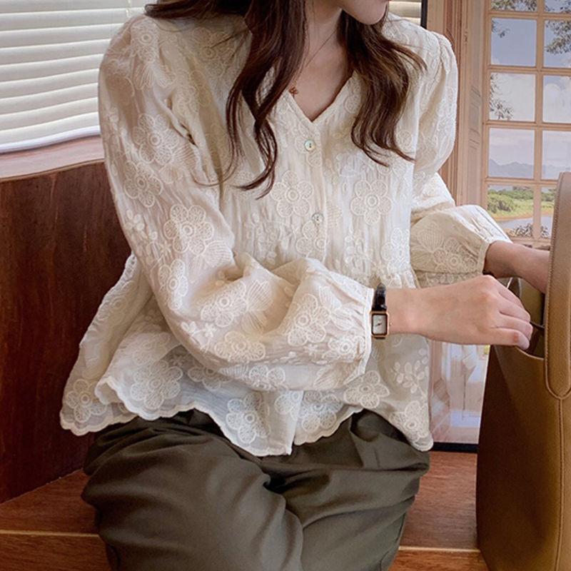 

Осенние рубашки женские элегантные эстетичные преппи модные свободные с цветочной вышивкой дизайн с длинным рукавом женские топы повседневные универсальные M абрикосовый