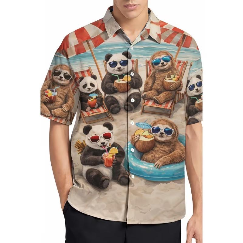 Lustiges Panda Faultier Hawaiihemd Strandparty Druck Herren Kurzarm Knopfleiste Alohahemd für Sommerurlaub & Lustige Partys