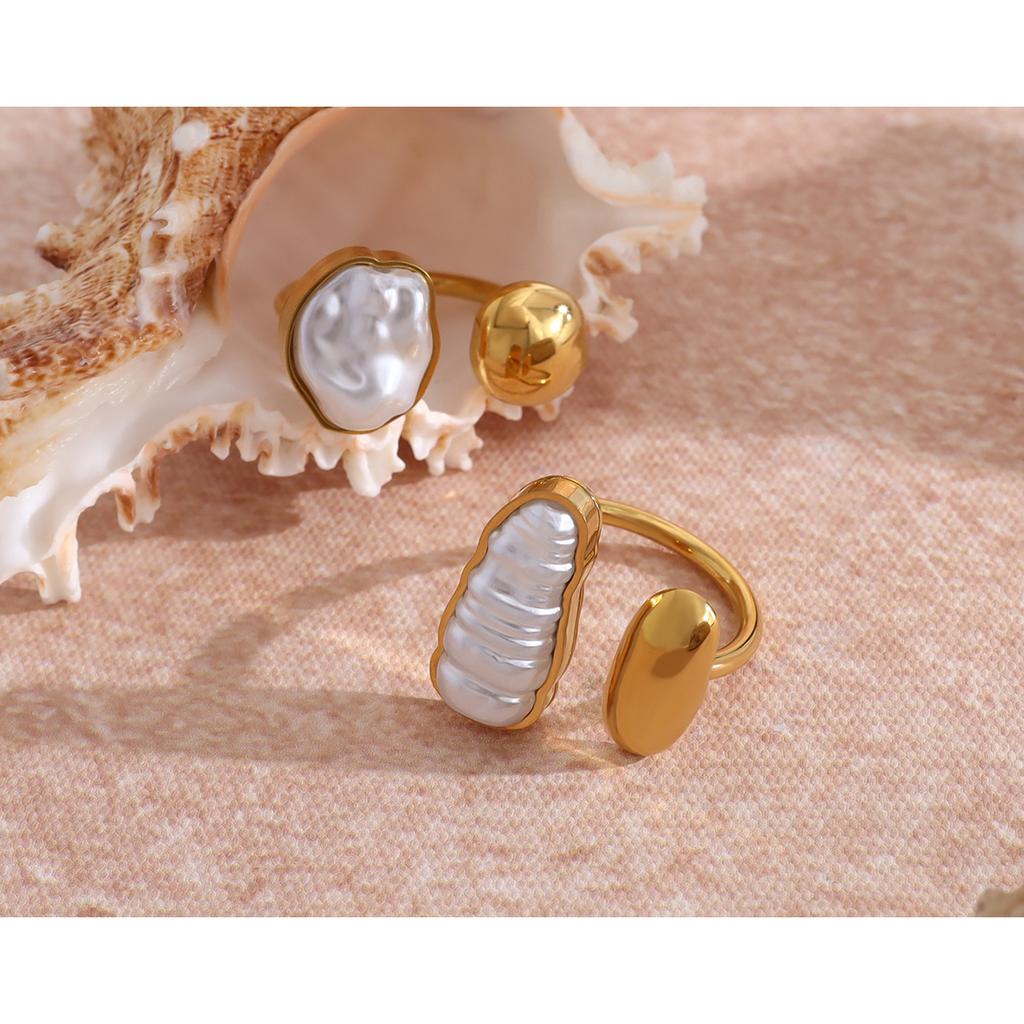 YACHAN Chic Irregular Pearl Stainless Steel Open Rings for Women Charm Luxury Gold Plated Tarnish Free Jewelry