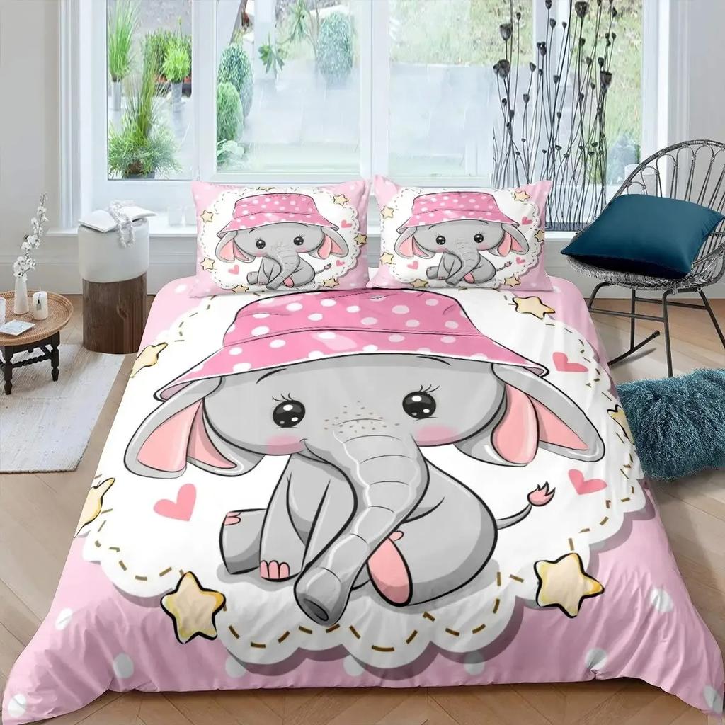 Elephant Duvet Cover Set for Girl Lovely Cartoon Animals Elephant with Butterfly and Bird Bedding Set Comforter Cover Queen Size