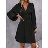 Women S V Neck Lantern Sleeve Solid Color High Waist Dress