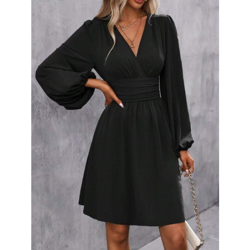 Women S V Neck Lantern Sleeve Solid Color High Waist Dress