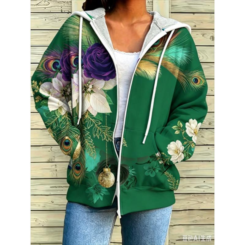 Zipper Splicing Fashion Loose Women's Casual Flower Print Hoodie Fashion Spring And Summer