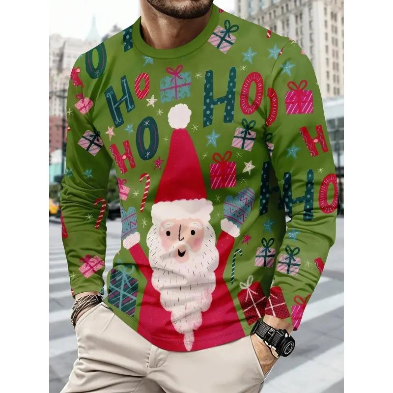 3D Printed Snowman Graphic Long Sleeve T-Shirts Fashion Santa Clause Pattern O-Neck Pullover Men's Christmas Elements Casual Tops