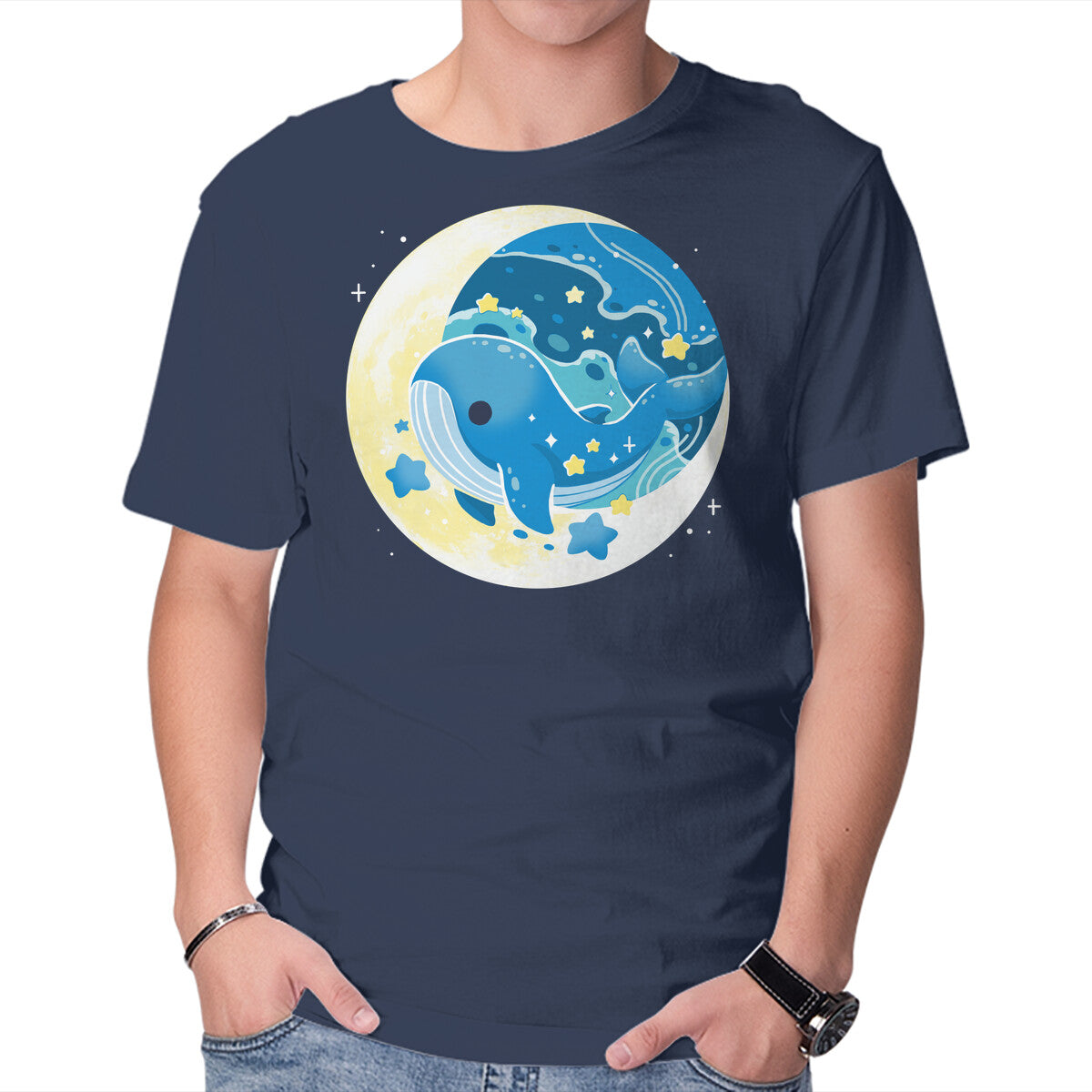 Unisex Crew Neck T-Shirt Night Whale Graphic Short Sleeve Casual Tee XXXXL