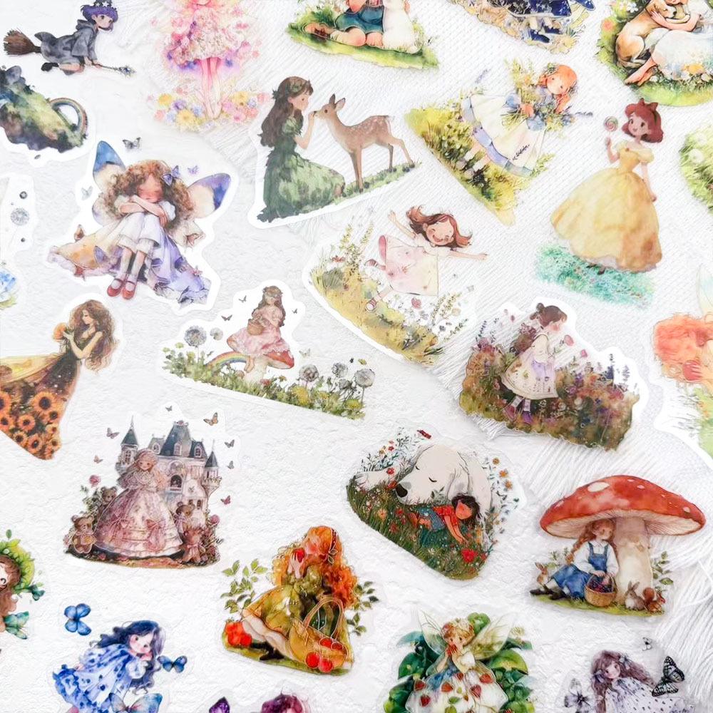 50 Sheets of Fairy Tale Princess Cartoon PET Transparent Stickers for Laptops, Suitcases, and DIY Projects