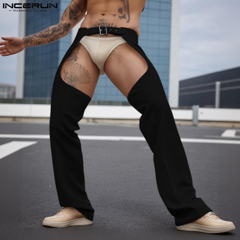 INCERUN Men Belt Waist Crotch Cutout Party Long Pants Trousers