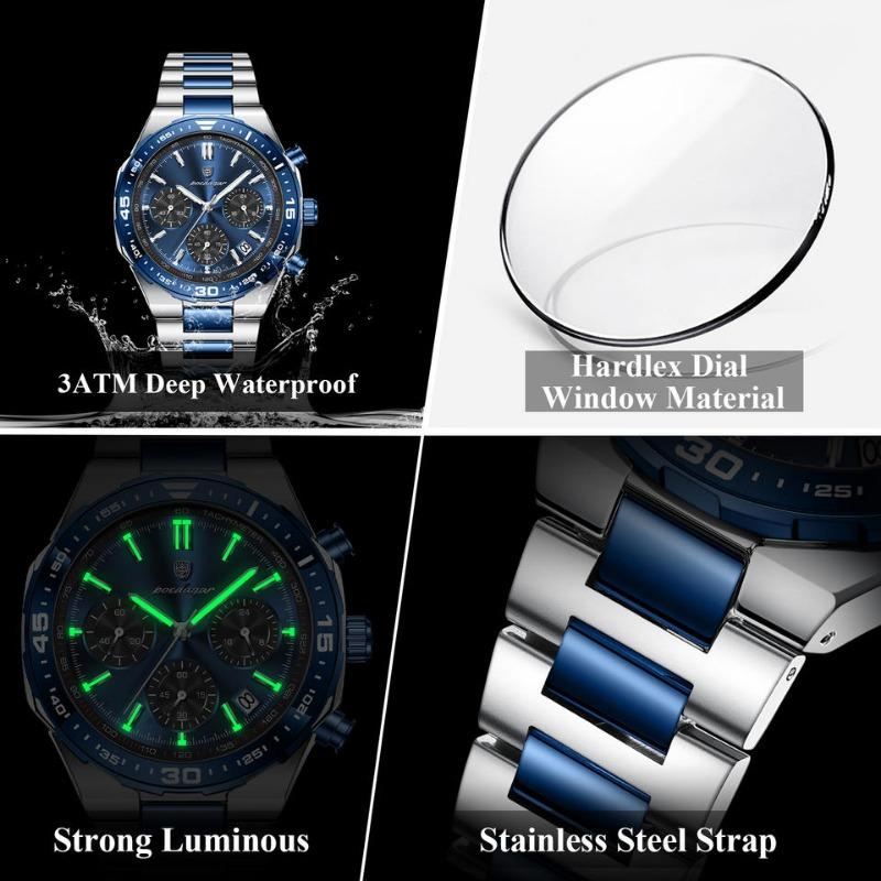 POEDAGAR Top Luxury Man Wristwatch Date Waterproof Luminous Chronograph Watch for Men Stainless Steel Quartz Watches Reloj