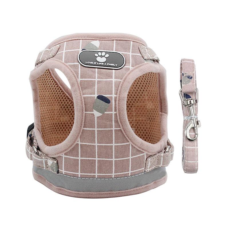

Reflective Plaid Harness Set for Dogs and Cats - Breathable, Includes Leash S розовый