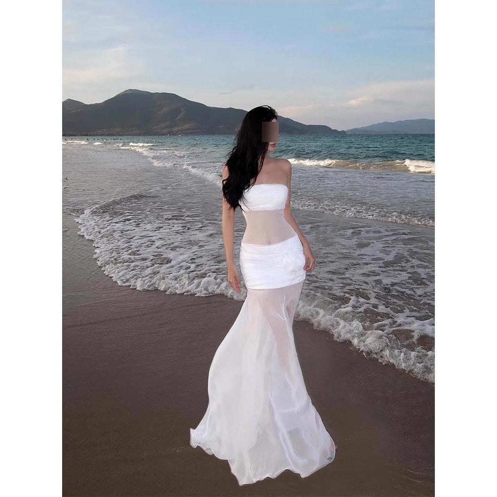 Seaside vacation beach dress pure desire style Spice girl fashion one word shoulder tube top slim hip skirt backless dress summer