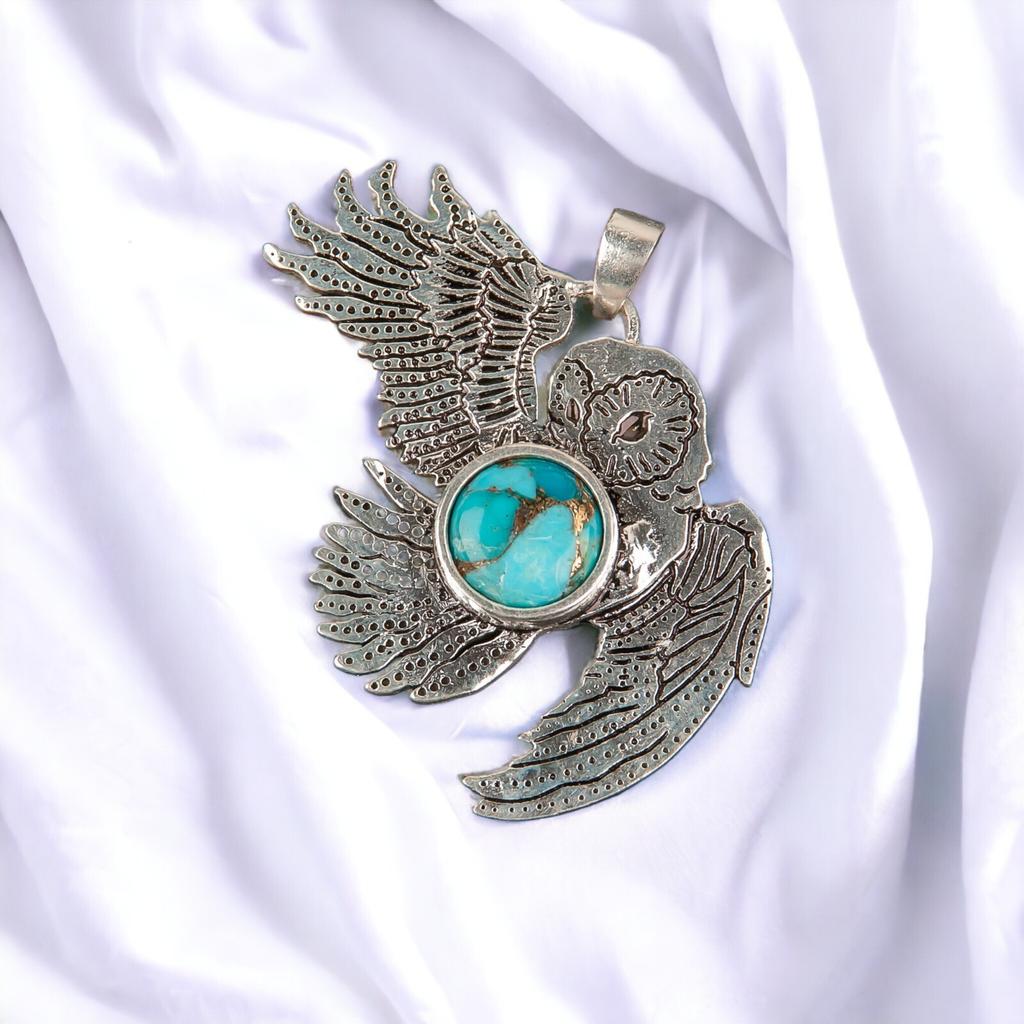 925 Sterling Silver Multi Gemstone Owl Designer Good Luck Jewelry Pendant 1.3" CP-16