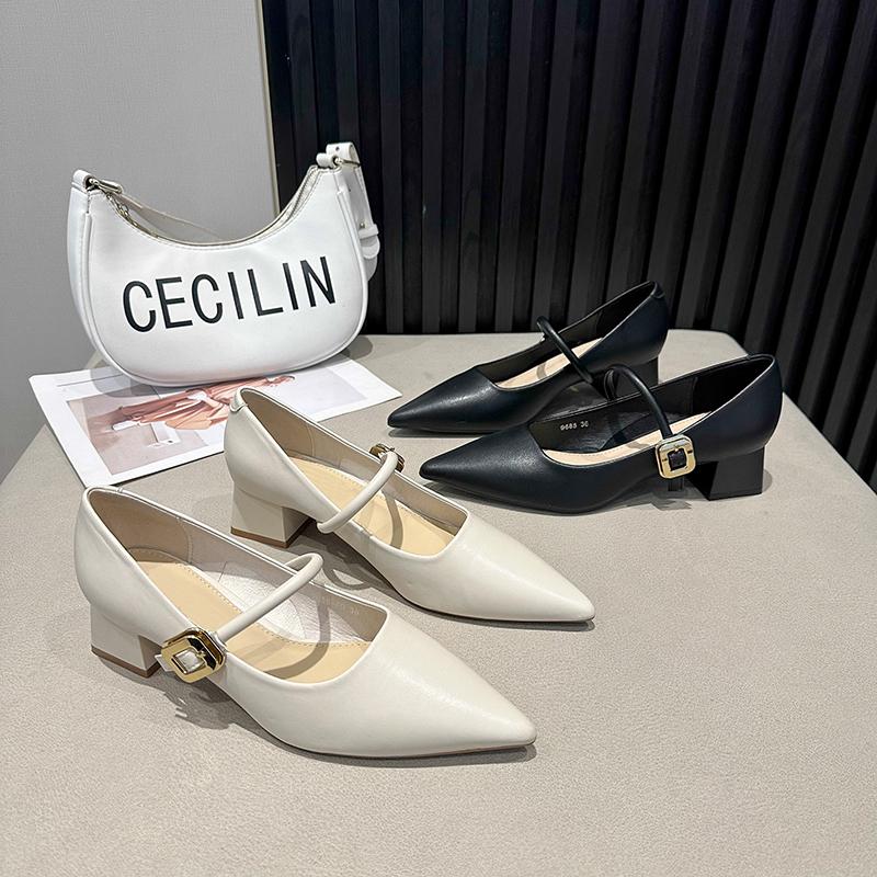 Women Shoes Pointed Toe Chunky Sandals Fashion Spring Dress Shoes Elegant Buckle Pumps Outdoors Solid Color Female Shoes