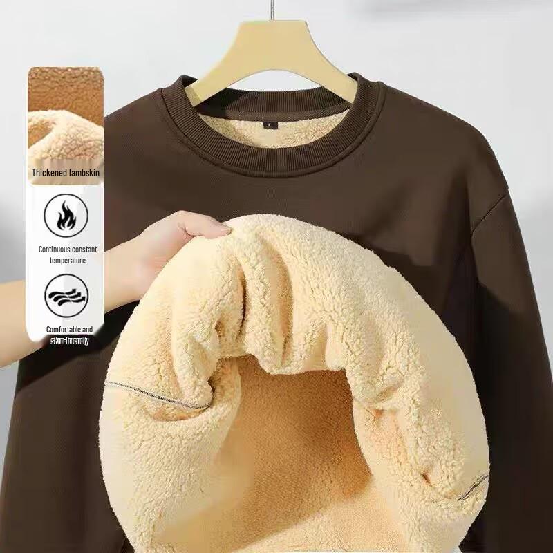 Men's Lambswool Round Neck Velvet Thick Long Sleeve Warm Hoodie - Autumn/Winter New Style Top (No Hood)