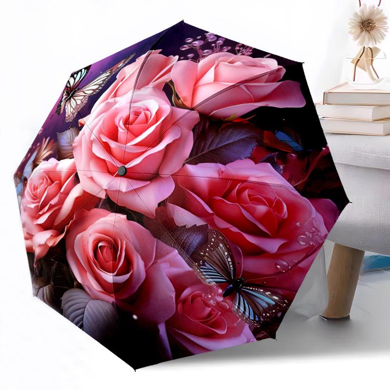 

Butterfly On A Rose Outdoor Automatic Umbrella Folding Umbrella with 8 Ribs weight for Outdoor Daily Use Compact Folding Umbrella Spiritual Gift