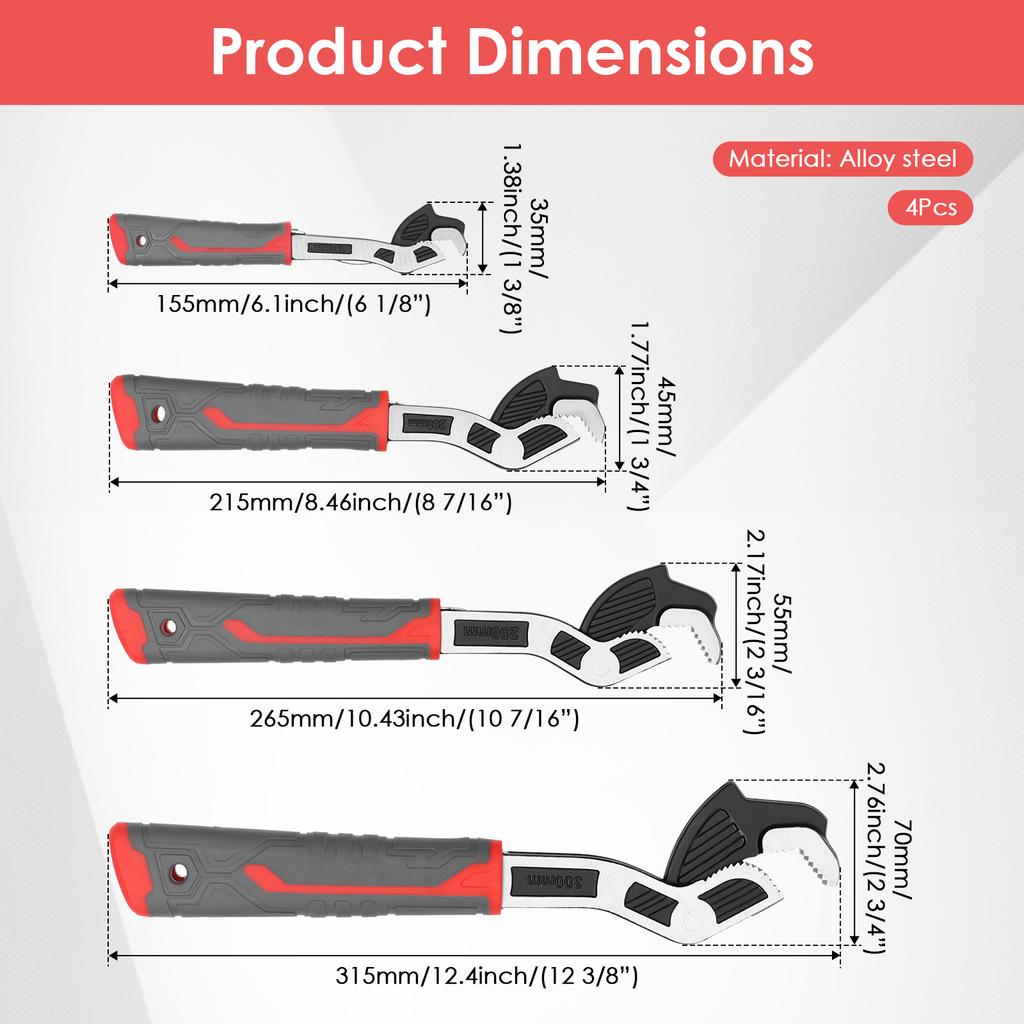 6"8"10"12" Self Adjusting Wrench Universal Plumber Wrench Pipe Wrench Set for 0.27"-1.69"/7-43mm Standard Nut Irregular Nut Pipe