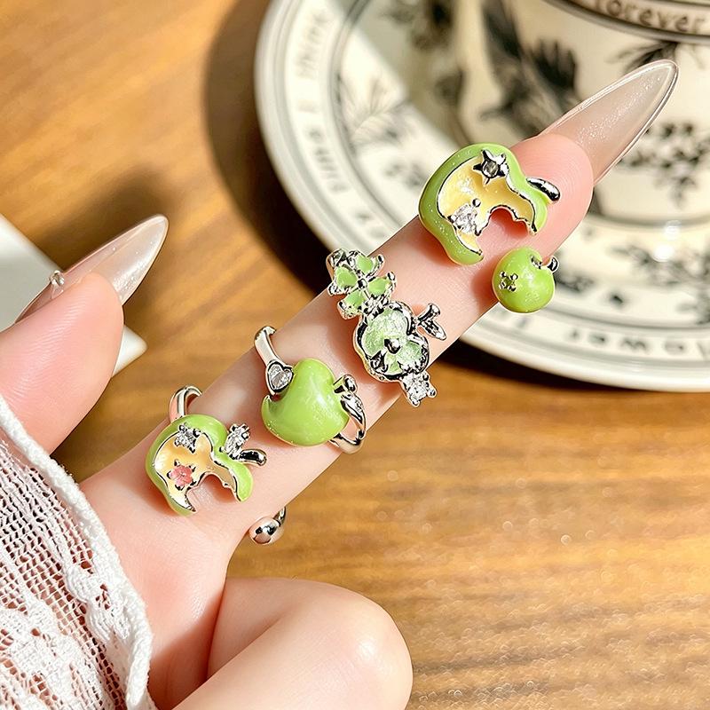 Niche High‑Sense Stack‑Wear Open Ring Subculture Sweet‑Cool Green Apple Enamel Zircon Personality Light‑Luxury Adjustable Fashion Jewelry