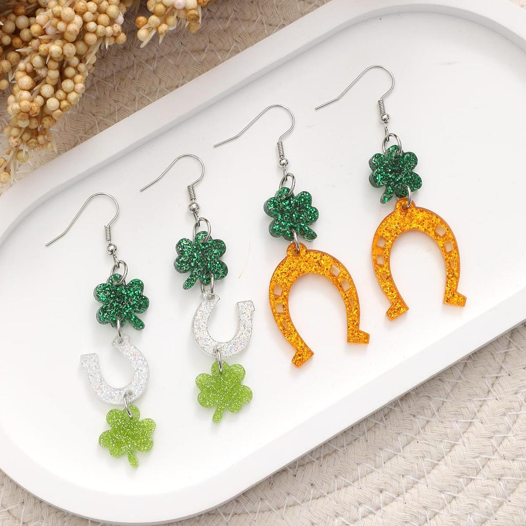St. Patrick's Day Green Shamrock Horseshoe Sequin Earrings