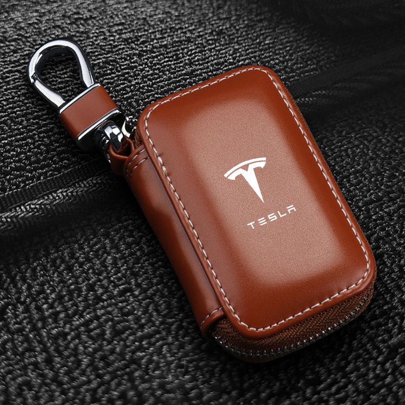 1Pcs Leather Car Emblem Key Case Keychain Zipper Key Case Bag For Tesla Model S Model X Model Y Model 3 Roadster SpaceX Accessory