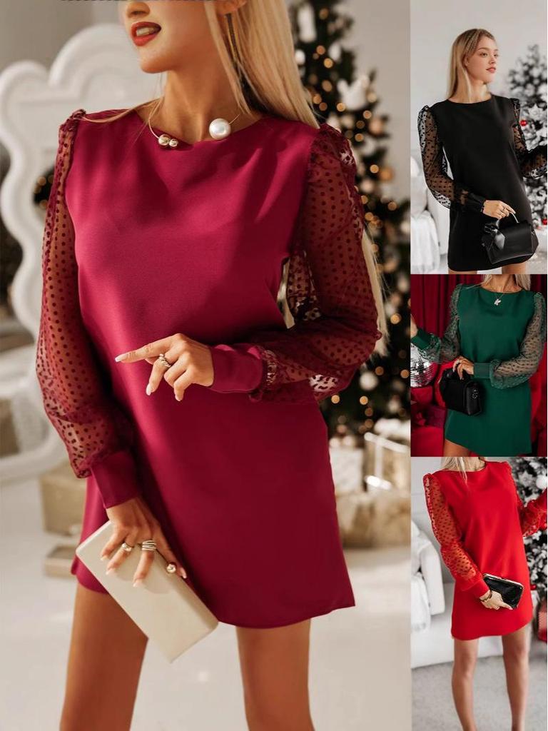2025 European & American Fashion Mesh Sleeve Round Neck Midi Dress
