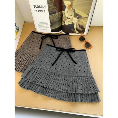 Women's Gray Polka Dot Wool Pleated A-Line Mini Skirt - Slimming Autumn/Winter Pear Shape Flattering