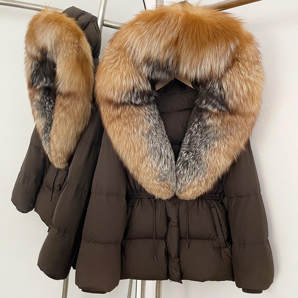 Removable oversized fox fur collar women's short down jacket women's winter new hooded waist and thin fur jacket