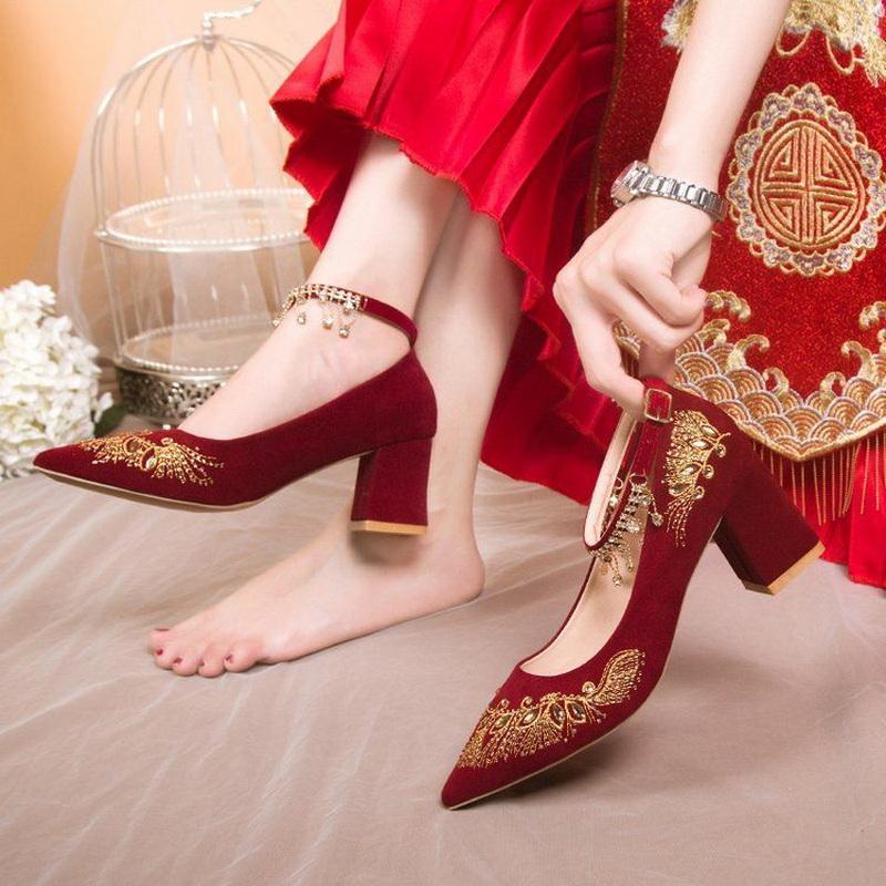 FHC Embroidery Flower Bride Wedding Shoes,Women Pumps,Rhinestone Ankle Strape High Heels,Pointed Toe,Wine-red,Dropship