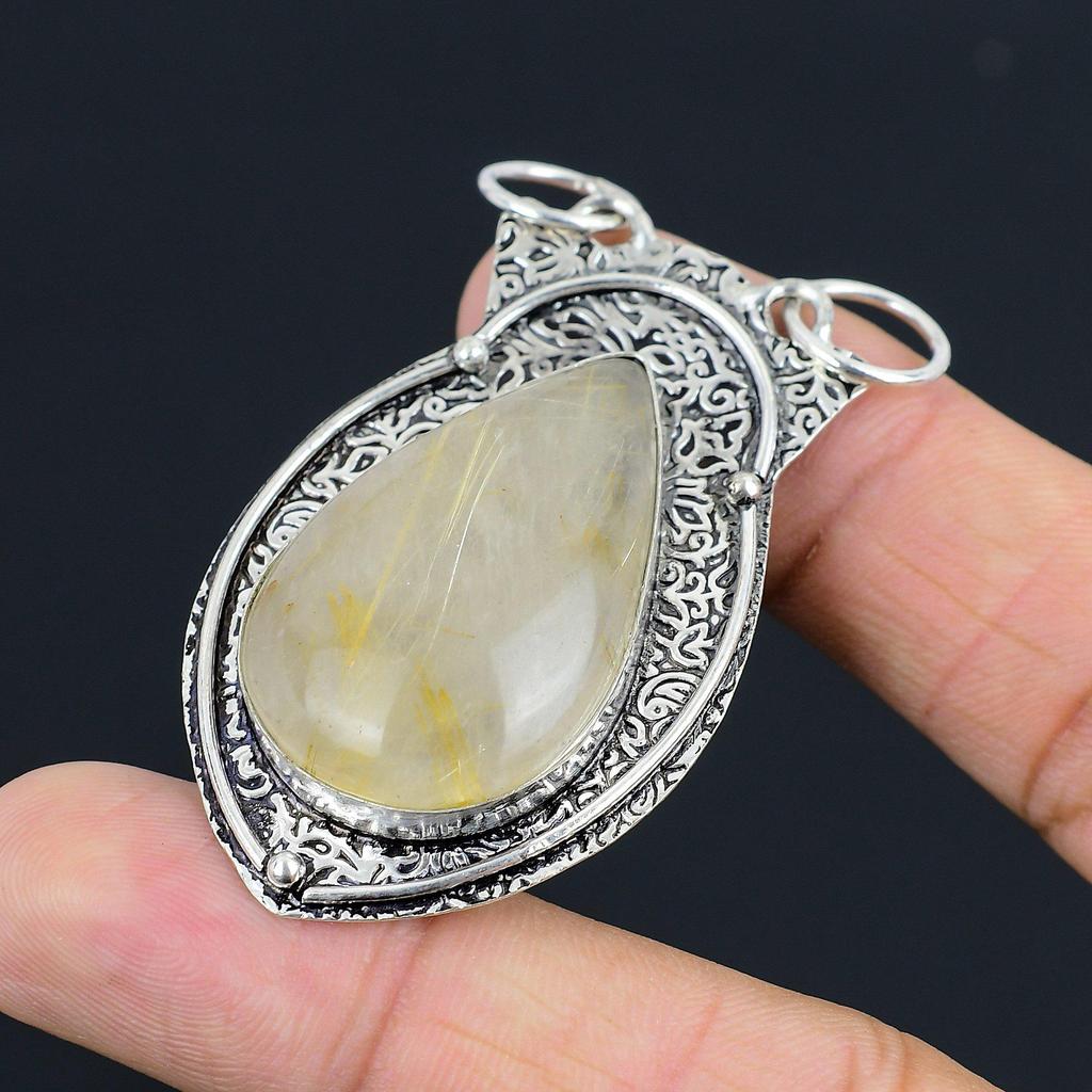 Natural Golden Rutile Gemstone Pendant 925 Sterling Silver Jewelry For Women