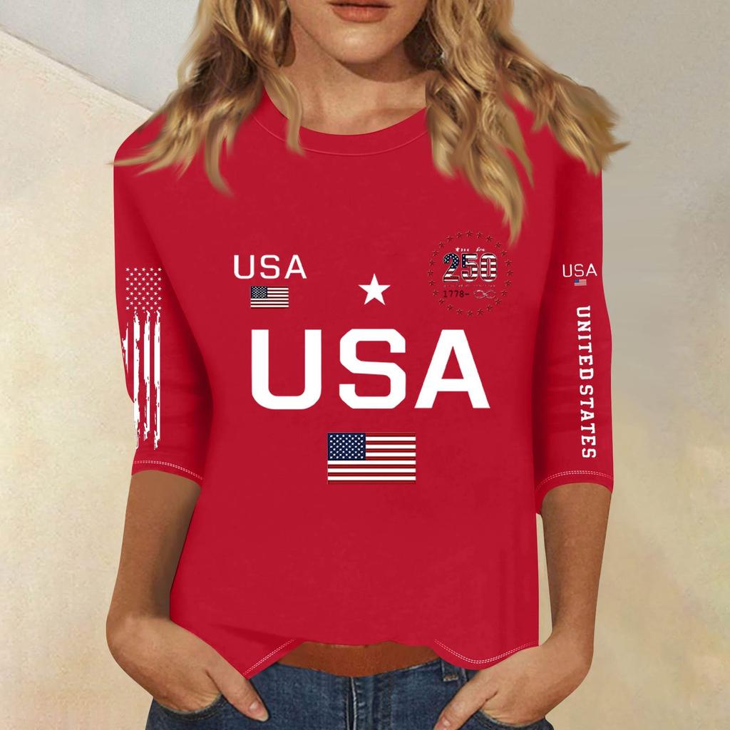 3/4 Sleeve Tops For Women T-Shirt Casual  Print Tops T Shirt Round Neck Pullover Blouse