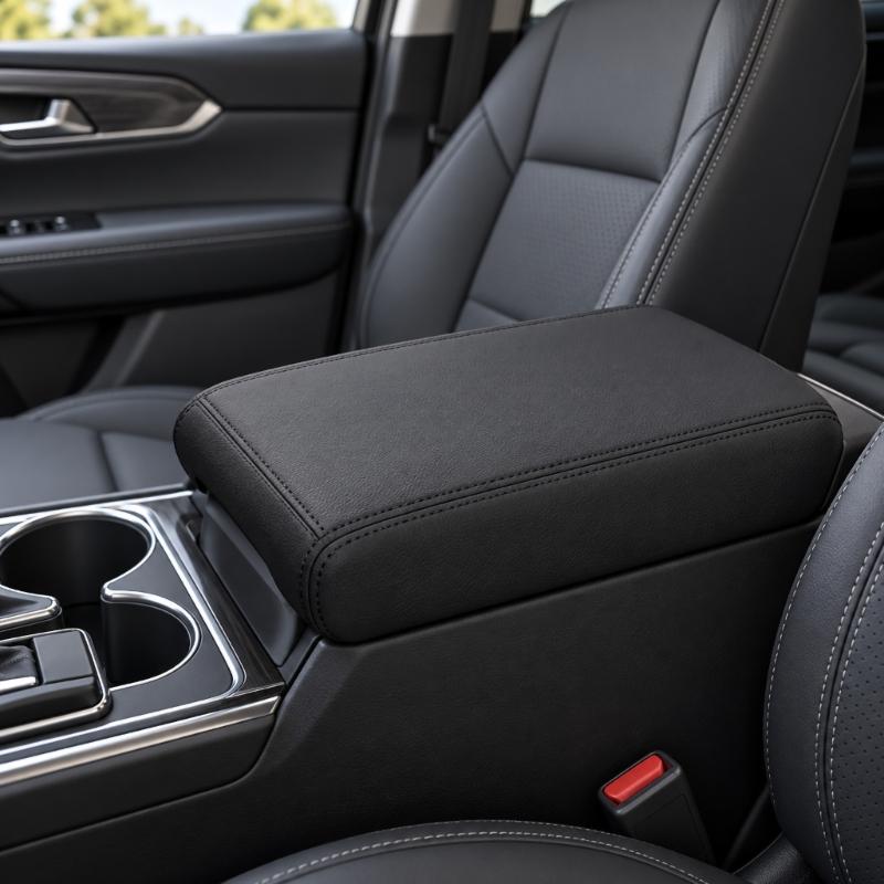 Black PVC Leather Armrest Lid Cover for 2007-2017 Center Consoles, Contoured Vehicle Cover with Rounded Panels and Visible Stitched Seams