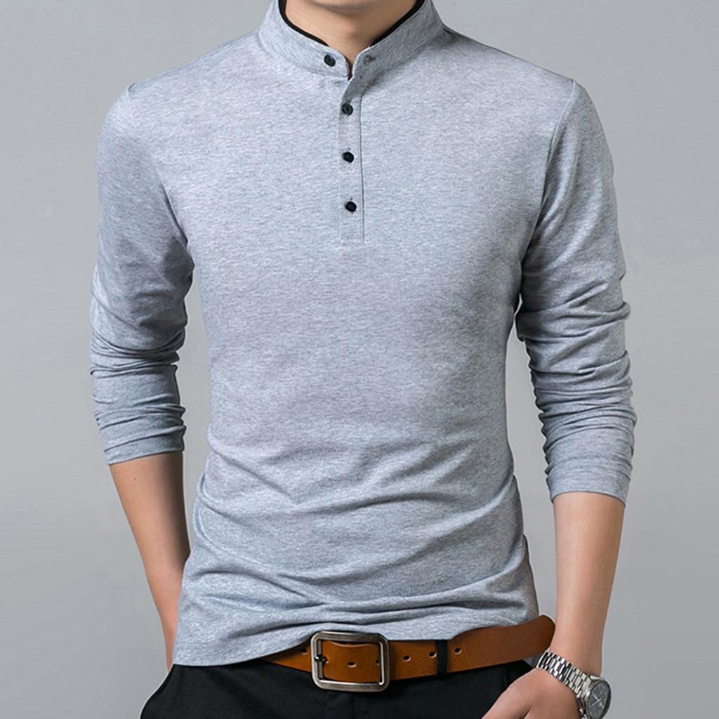 Men's New Fashion Standing Collar Men's Long Sleeve T-shirt  Blouse Top