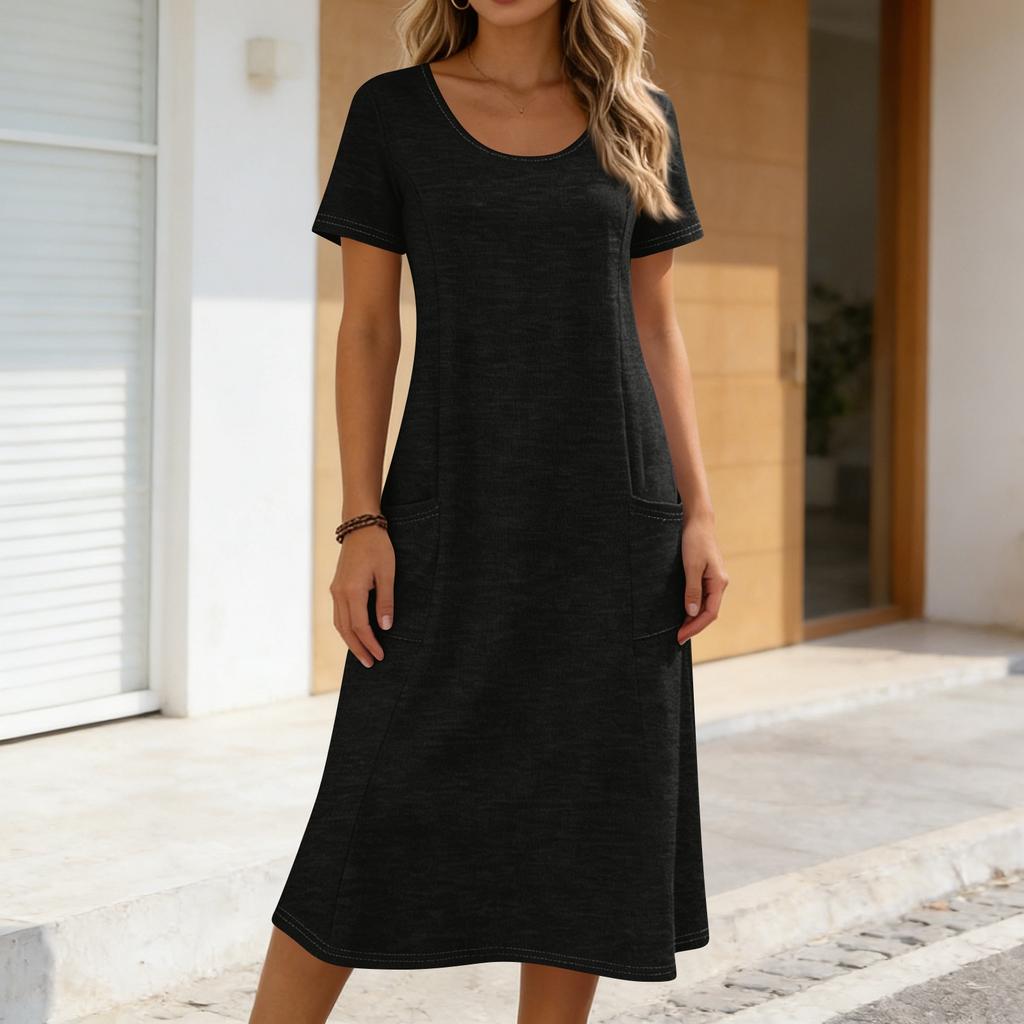 Women Casual Loose Fit Crew Neck Short Sleeve Midi Dress with Pockets Soft Fabric Comfortable Everyday Wear Suitable for Various Occasions