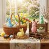 Plush Easter Bunny Statue with Bow Rabbit Gnome Doll Easter Holiday Bunny Sculpture  Indoor Table