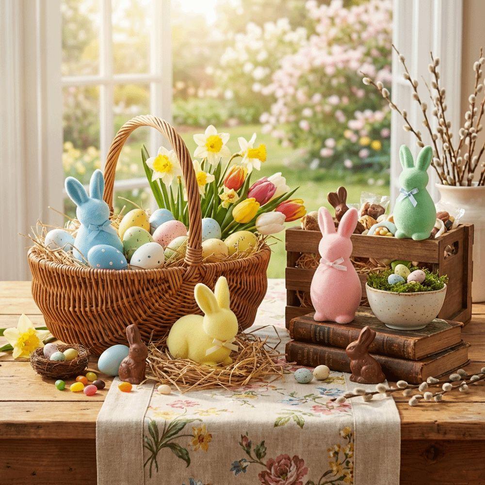 Plush Easter Bunny Statue with Bow Rabbit Gnome Doll Easter Holiday Bunny Sculpture Indoor Table