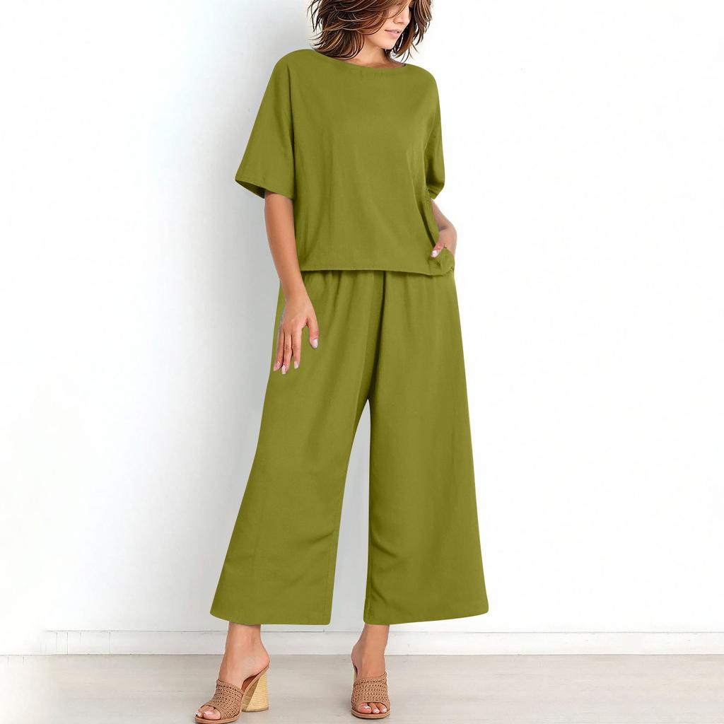 Women's Casual Fashion Sexy Long And Short Sleeve Pullover Shirt Round Neck Literary Retro Color Casual Split Suit