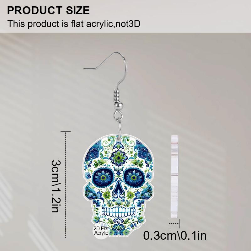 2D Flat Cute Halloween Sugar Skull Earrings Dangle Acrylic Day of the Dead Decor Gifts for Women Festival Charms