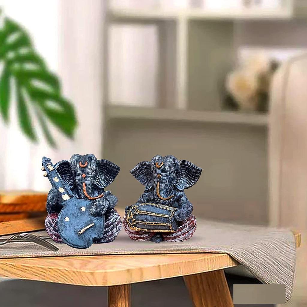 Resin Musical Ganesha Pair for Home Decor | Brings Prosperity - (Grey & Red, Pack of 2)