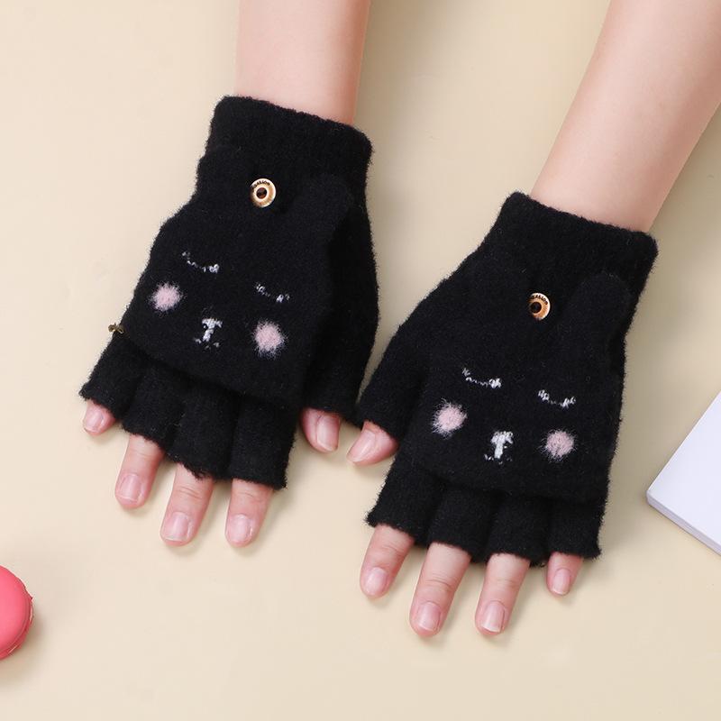 

Зимние новые плюшевые перчатки эластичные вязаные перчатки для девочек милые кролики холодные мультяшные теплые перчатки One size чёрный
