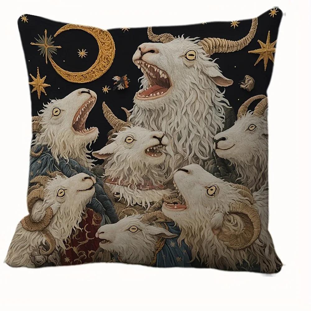 Gothic Dark Pillow Cover Art Goat Cushion Cover Creepy Ram Throw Pillowcase For Sofa Living Room Vintage Home Decor Peach Skin