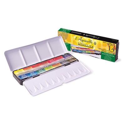 Metal Box - Sennelier - 14 Pans + 1 Brush - Extra-fine Watercolor - Honey - Made In France