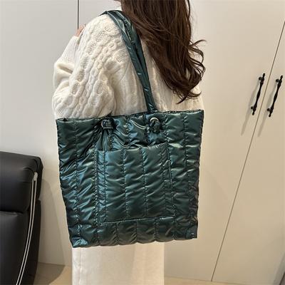 Large Capacity Nylon Filled Cotton Handbag Women's Fashion Simple Soft Plaid Shoulder Bag Niche Design Down Bag