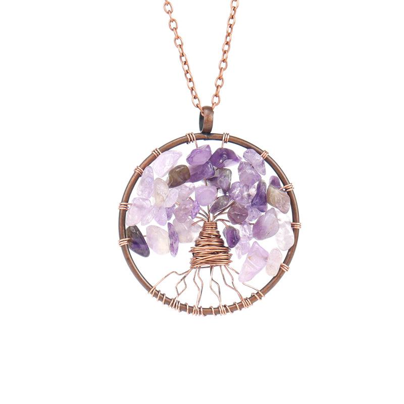 Ancient Red Copper Winding Natural Stone Crystal Tree Of Life Necklace Colorful Stone Necklace Jewelry N105